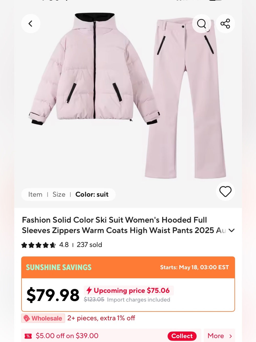 Women's Pink Hooded Ski Jacket and High-Waist Pants Set